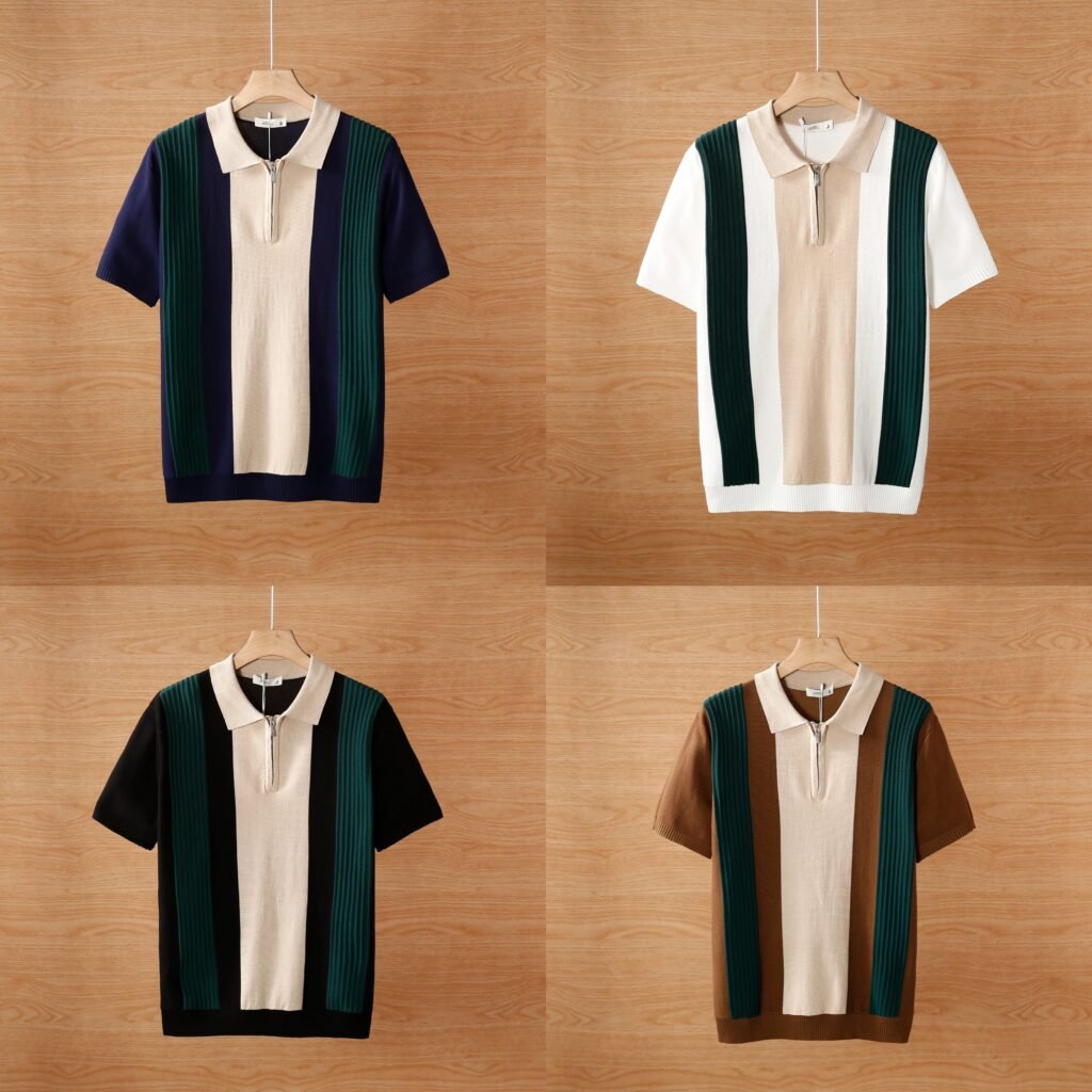 Men's Short Sleeve Color Blocked Knit Polo Shirt Summer Casual