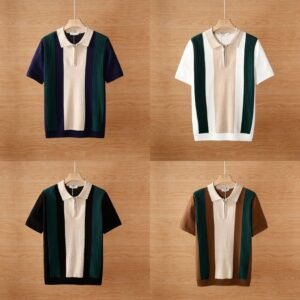 Men's Short Sleeve Color Blocked Knit Polo Shirt Summer Casual - Image 1