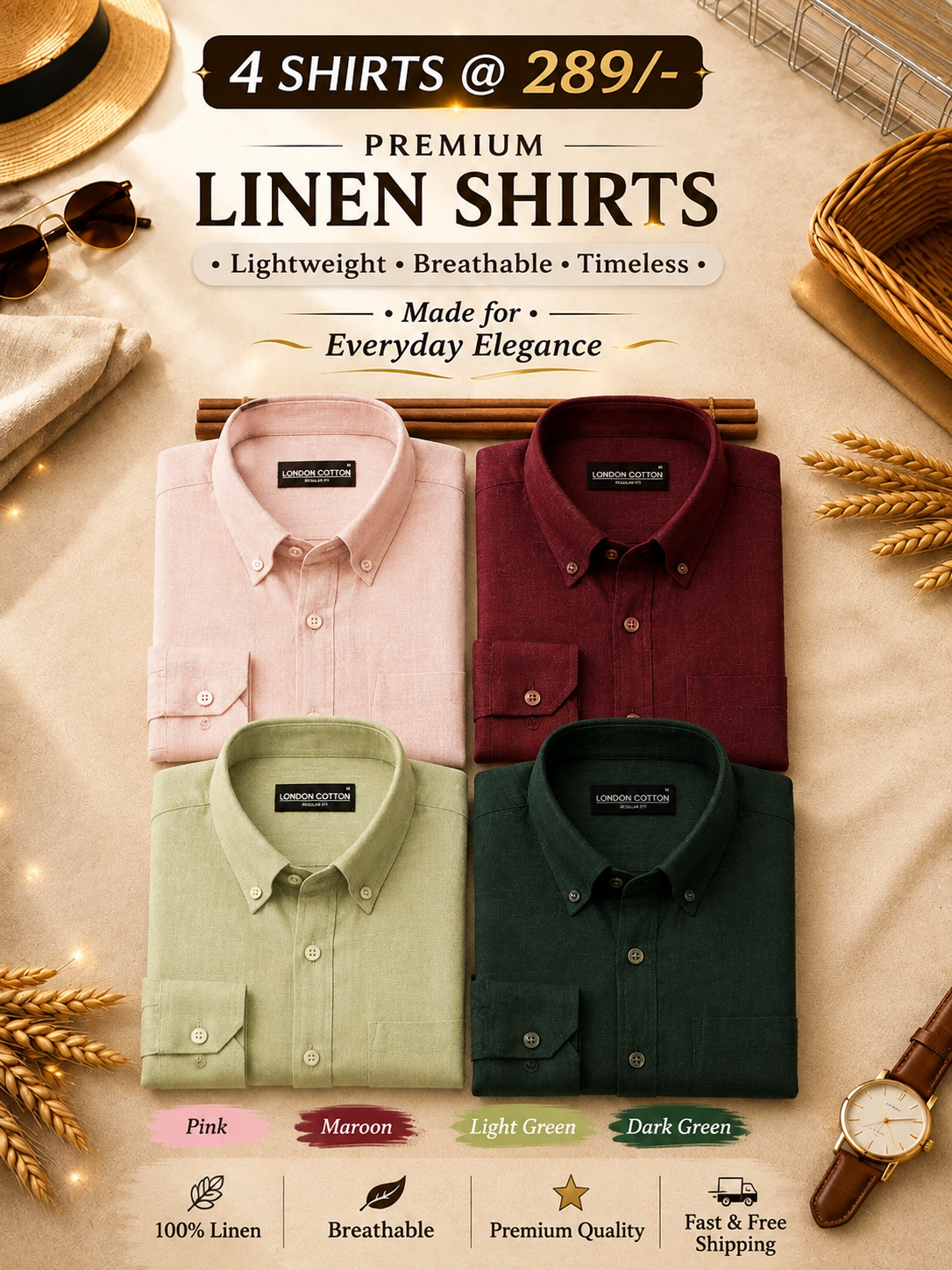 Premium Linen Shirts Combo Pack Set of 4 Lightweight Breathable - Image 1