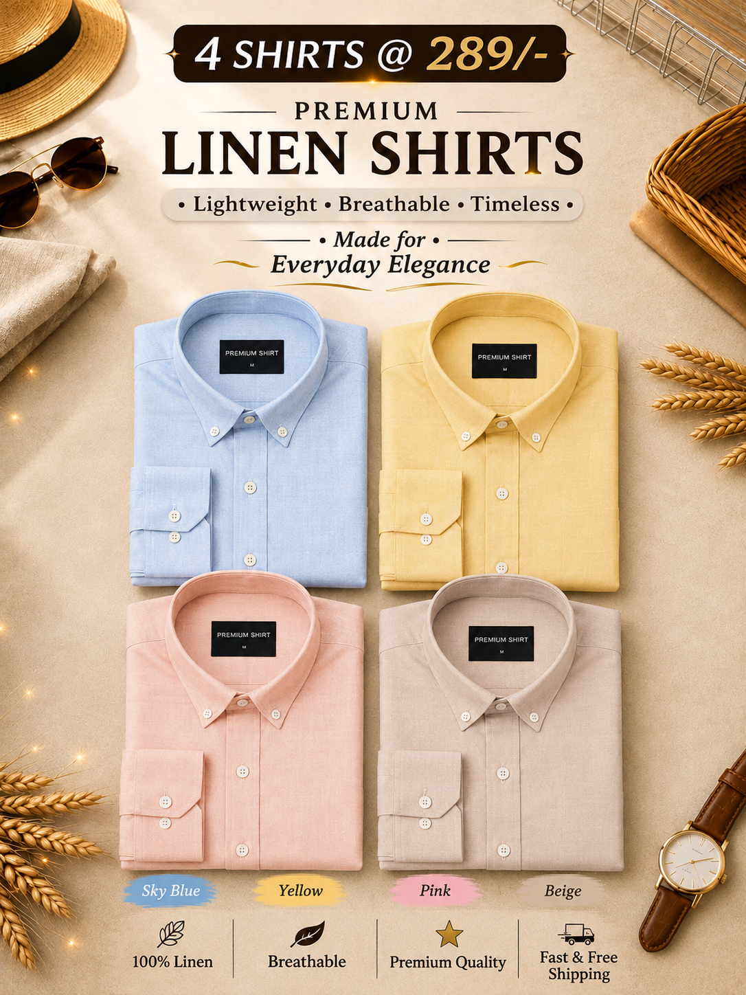 Premium Linen Shirts Combo Pack Set of 4 Lightweight Breathable - Image 1