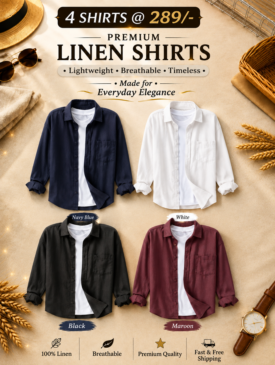 Premium Linen Shirts Combo Pack Set of 4 Lightweight Breathable - Image 1