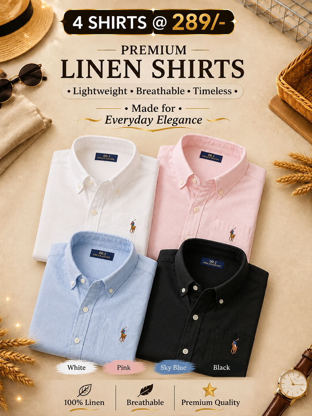 Men RL Polo Linen 4 Cotton Shirts - Image 1