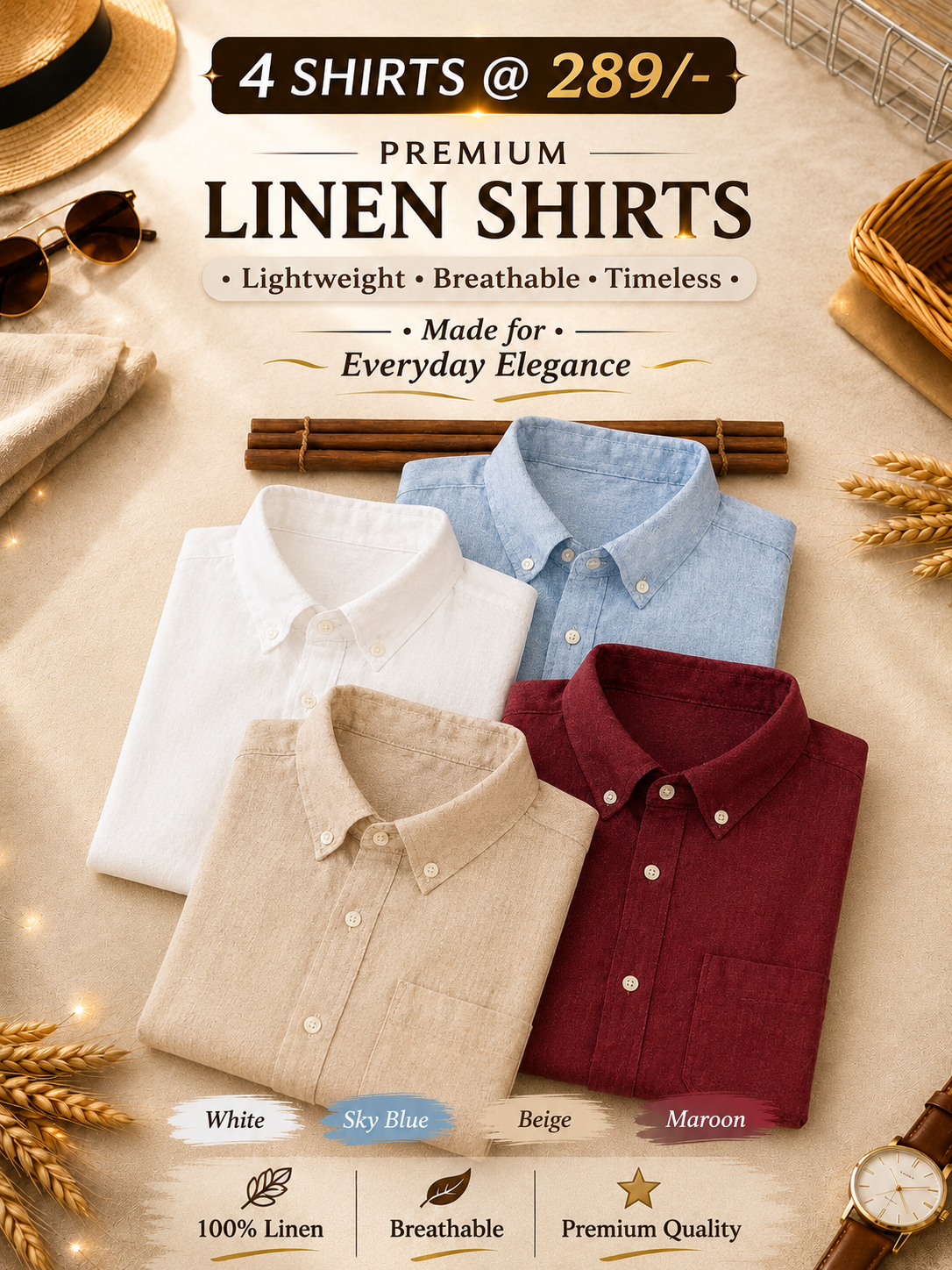 Premium Cotton Linen Casual Full Sleeves Shirt Pack of 4 - Image 1