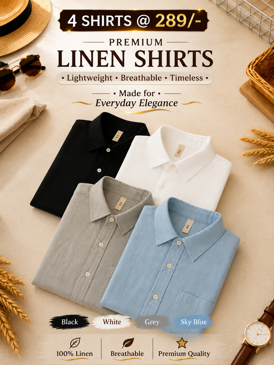 FF4U Premium Cotton Linen Long Sleeve Shirts Pack of 4 - Image 1