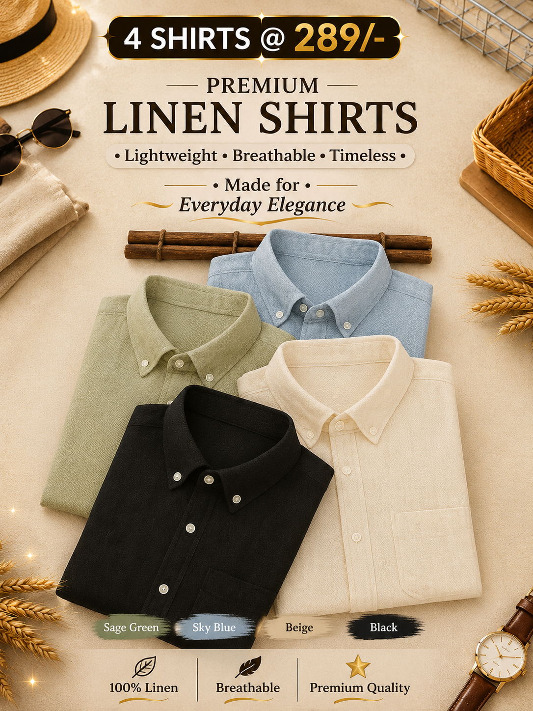 Premium Linen-Blend Long-Sleeve Casual Shirt Pack of 4 - Image 1