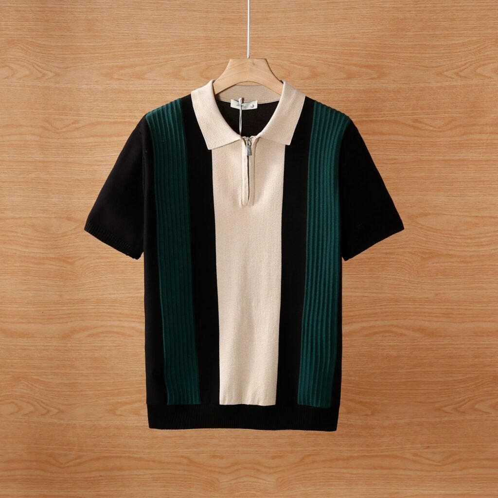 Men's Short Sleeve Color Blocked Knit Polo Shirt Summer Casual