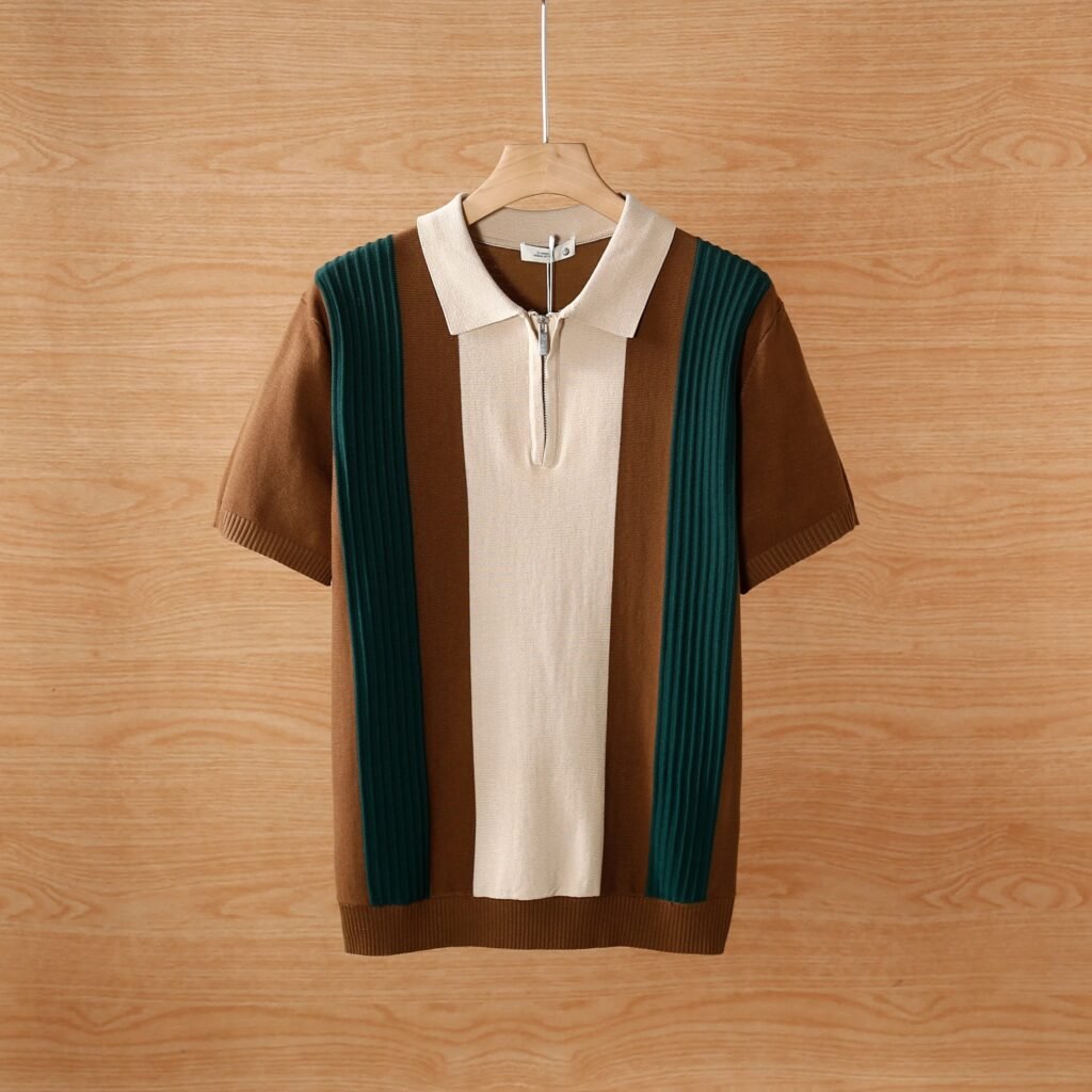 Men's Short Sleeve Color Blocked Knit Polo Shirt Summer Casual